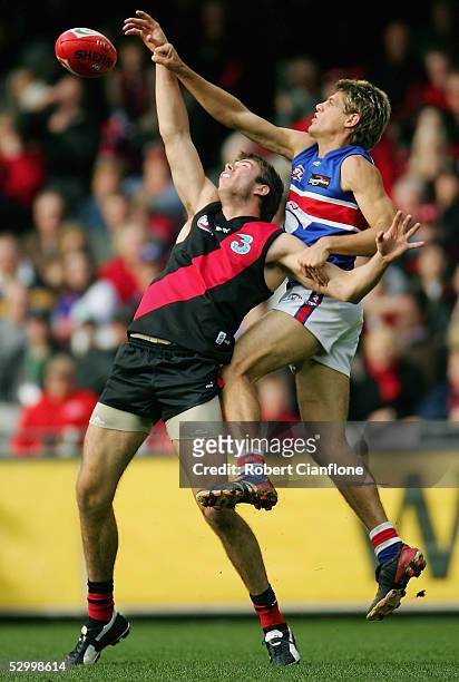 Kepler Bradley of the Bombers is challenged by Ryan Hargrave of the Bulldogs during the round 10 AFL match between the Essendon Bombers and the...