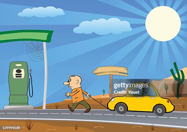 man pulling empty car into a gas station - heat exhaustion stock illustrations