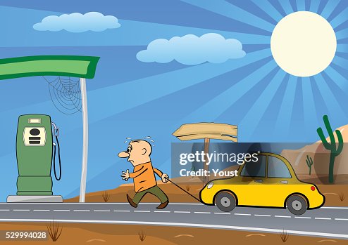 Man Pulling Empty Car Into a Gas Station Man Pulling Empty Car Into a Gas Station