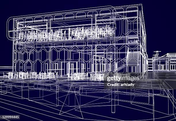 illustrazioni stock, clip art, cartoni animati e icone di tendenza di scena urbana, abstract wireframe - architecture restaurant interior