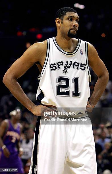 Tim Duncan of the San Antonio Spurs looks on in the final moments of the Spurs' 111-106 loss to the Phoenix Suns in Game four of the Western...