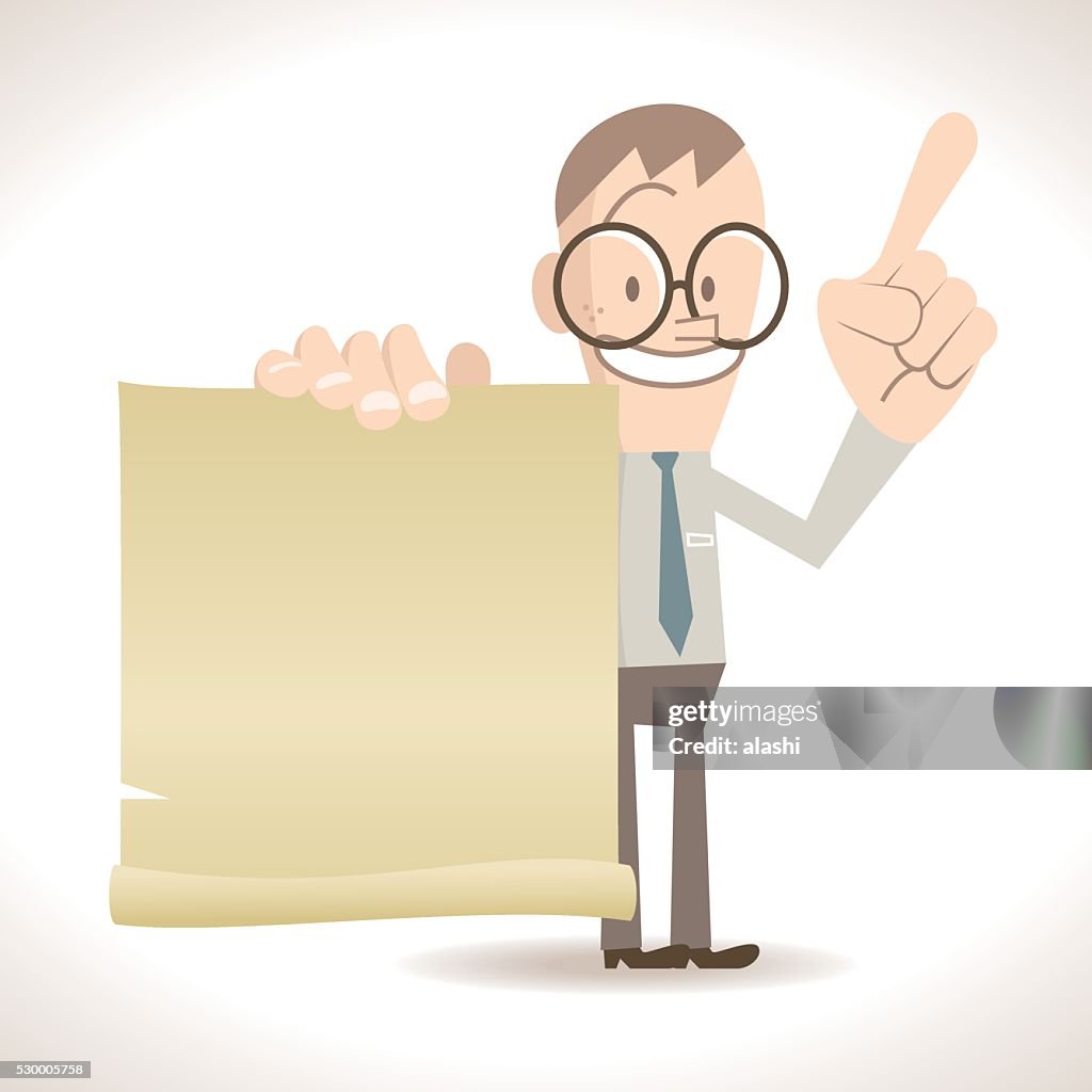 Skinny businessman talking with blank paper, pointing with index finger