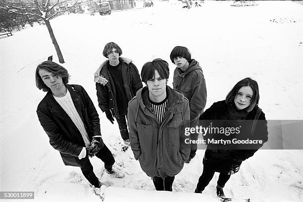 Slowdive, group portrait, Reading, United Kingdom, 1990. Line up consists of Neil Halstead, Christian Savill, Rachel Goswell, Nick Chaplin and Simon...