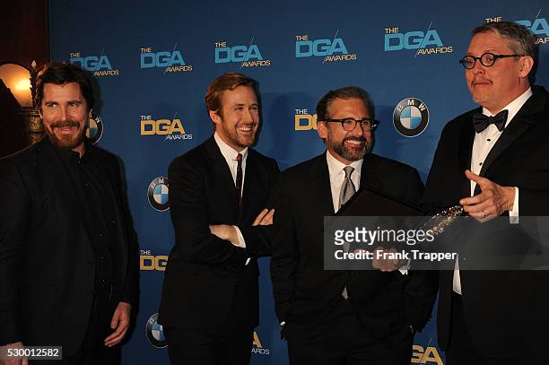 Actors Christian Bale, Ryan Gosling, Steve Carell and director Adam McKay, recipient of the Feature Film Nomination Plaque for ?"The Big Short" pose...