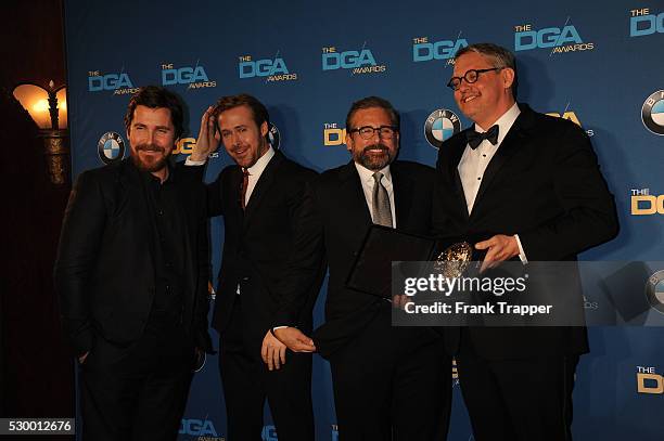 Actors Christian Bale, Ryan Gosling, Steve Carell and director Adam McKay, recipient of the Feature Film Nomination Plaque for ?"The Big Short" pose...