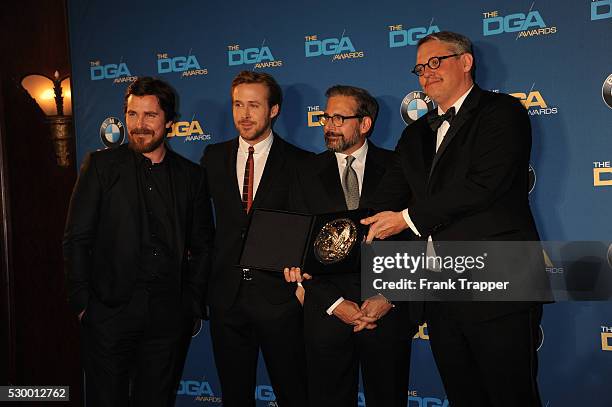 Actors Christian Bale, Ryan Gosling, Steve Carell and director Adam McKay, recipient of the Feature Film Nomination Plaque for ?"The Big Short" pose...