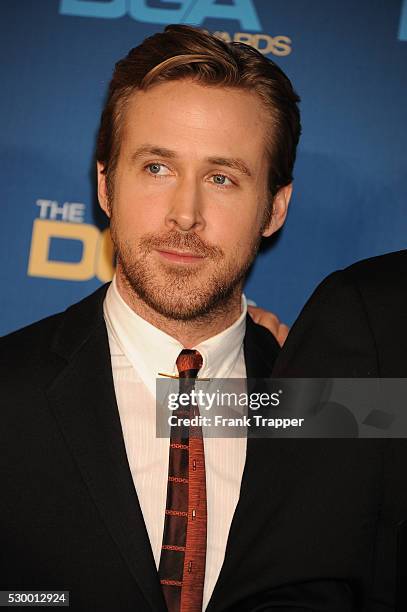 Actor Ryan Gosling posing at the 68th Annual Directors Guild Of America Awards held at the Hyatt Regency Century Plaza Hotel in Century City.