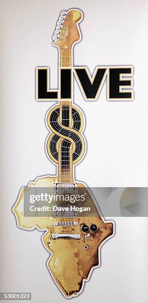 The "Live 8" logo is displayed ahead of the press conference at which Sir Bob Geldof is due to announce details for the second Live Aid charity...