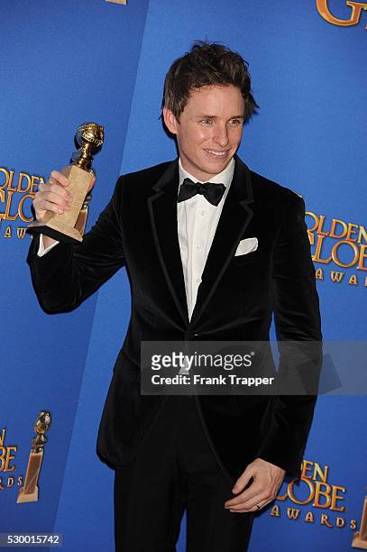 Actor Eddie Redmayne, winner of Best Performance in a Motion Picture - Drama for "The Theory of Everything" posing at the 72nd Annual Golden Globe...