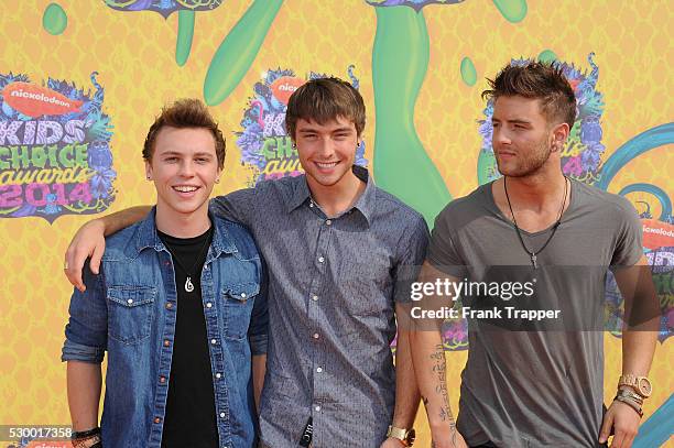 Musicians Keaton Stromberg, Wesley Stromberg, and Drew Chadwick from Emblem3 arrive at Nickelodeon's 27th Annual Kids' Choice Awards, held at the...