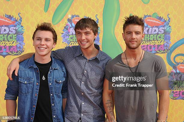 Musicians Keaton Stromberg, Wesley Stromberg, and Drew Chadwick from Emblem3 arrive at Nickelodeon's 27th Annual Kids' Choice Awards, held at the...