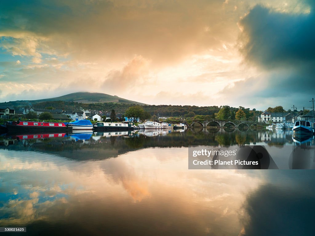 Moored barges at Graiguenamanagh on Barrow Navigation Canal, Ireland