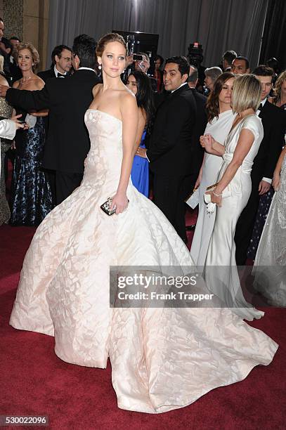 Actress Jennifer Lawrence fashion on the red carpet at the 85th Academy Awards held at the Dolby Theater in Hollywood.