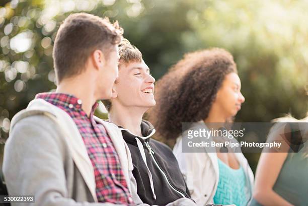 four young adult friends sitting talking in park - bethnal green fotografías e imágenes de stock