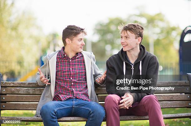 two young male friends chatting on park bench - boy jeans stockfoto's en -beelden