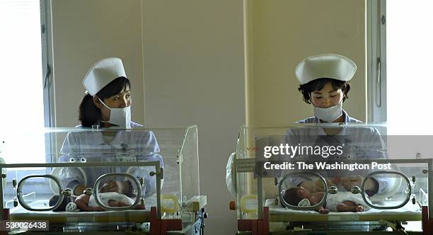 Nurses in the premature natal intensive care unit at the Pyongyang Maternity Hospital in Pyongyang, North Korea on May 7, 2016.
