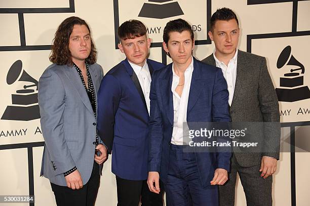 Musicians Nick O'Malley, Jamie Cook, Alex Turner, and Matt Helders of "Arctic Monkeys" arrive at The 57th Annual GRAMMY Awards held at the Staples...