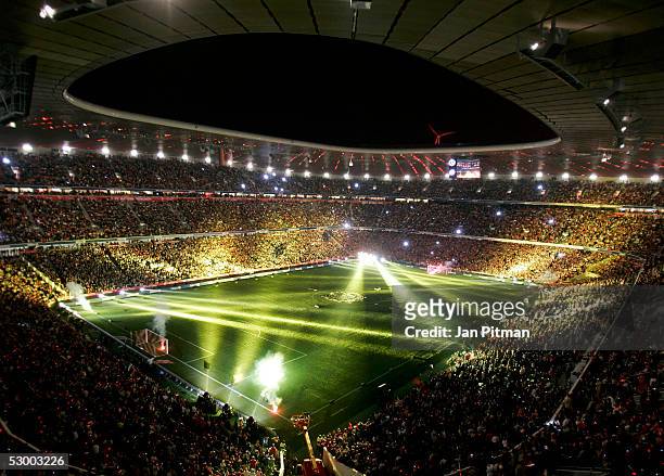 Lightshow is seen after the opening game between FC Bayern Munich and the German Football National Team in the Allianz Arena on May 31, 2005 in...