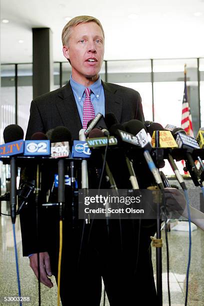 Jake Brace, chief financial officer of United Airlines, speaks during a news conference after a bankruptcy hearing for United at the federal...