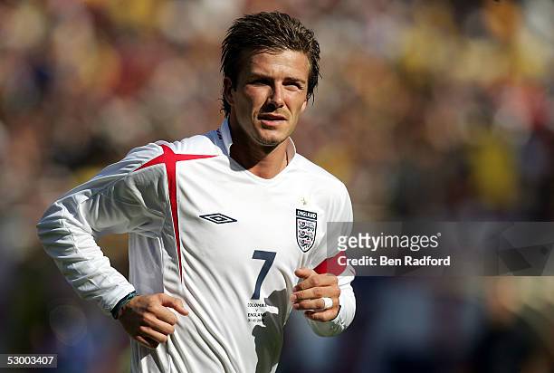 David Beckham of England runs on the field during the game against Colombia at Giants Stadium on May 31, 2005 in East Rutherford, New Jersey. England...