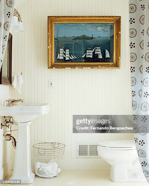 water closet and a wash basin placed against each other in a clean bathroom - clean closet stockfoto's en -beelden