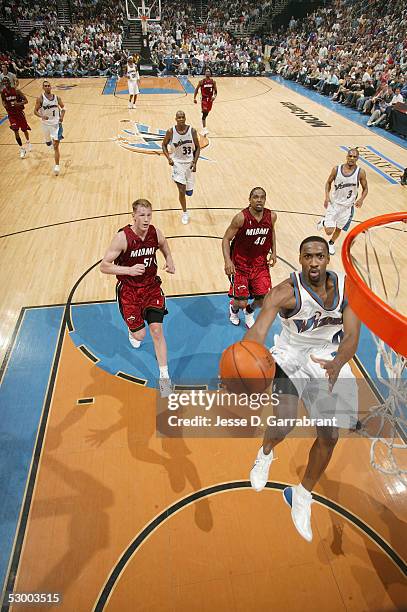 Gilbert Arenas of the Washington Wizards shoots against the Miami Heat in Game four of the Eastern Conference Semifinals during the 2005 NBA Playoffs...