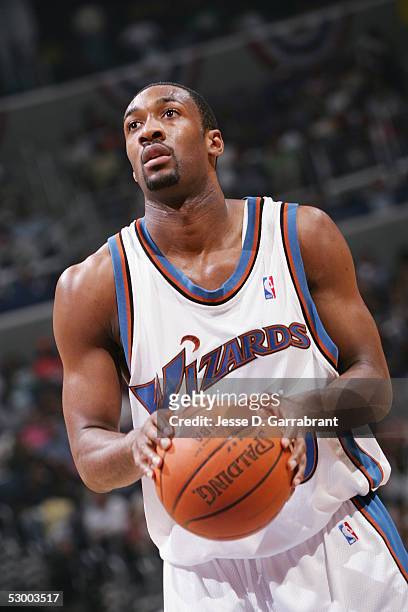 Gilbert Arenas of the Washington Wizards shoots a free throw against the Miami Heat in Game four of the Eastern Conference Semifinals during the 2005...