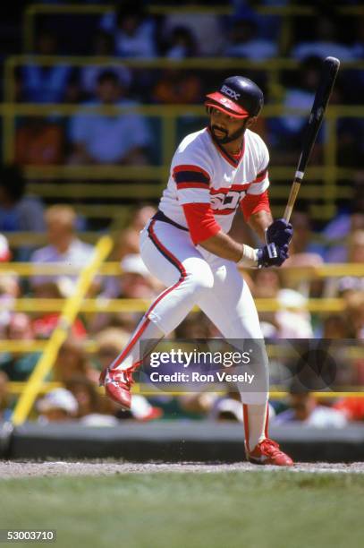 Harold Baines of the Chicago White Sox readies to swing at the ball during a game. Harold Baines played for the Chicago White Sox from 1980-1989.