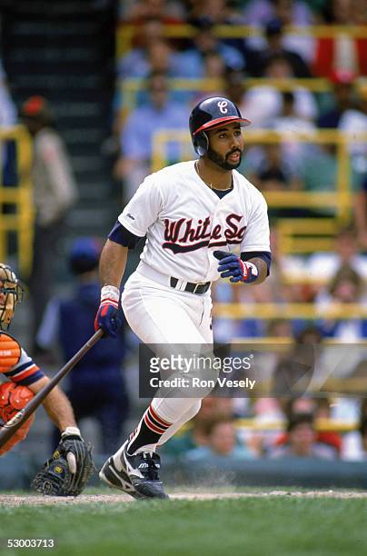 Harold Baines of the Chicago White Sox readies to run to first base during a game. Harold Baines played for the Chicago White Sox from 1980-1989.