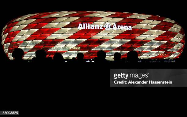General view with light illumintaion of the Allianz Arena during the opening game of the Allianz Arena between Bayern Munich and German Football...