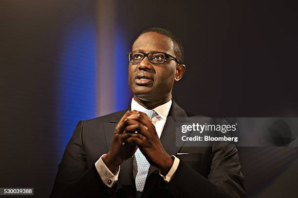 Tidjane Thiam, chief executive officer of Credit Suisse Group AG, gestures as he speaks during a Bloomberg Television interview at the bank's...