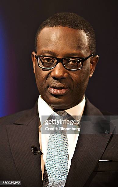 Tidjane Thiam, chief executive officer of Credit Suisse Group AG, speaks during a Bloomberg Television interview at the bank's headquarters, ahead of...