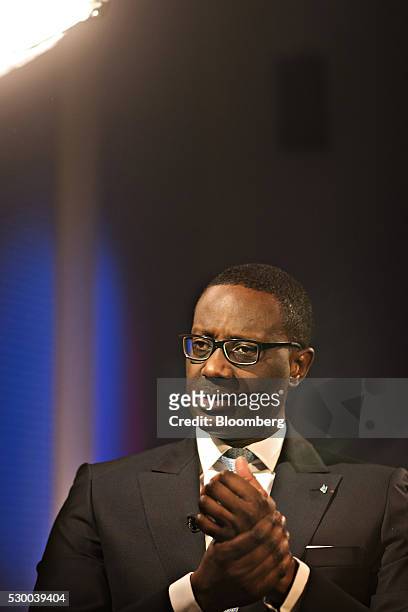 Tidjane Thiam, chief executive officer of Credit Suisse Group AG, gestures during a Bloomberg Television interview at the bank's headquarters, ahead...