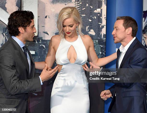 Oscar Isaac, Jennifer Lawrence and James McAvoy attend a Global Fan Screening of "X-Men Apocalypse" at BFI IMAX on May 9, 2016 in London, England.