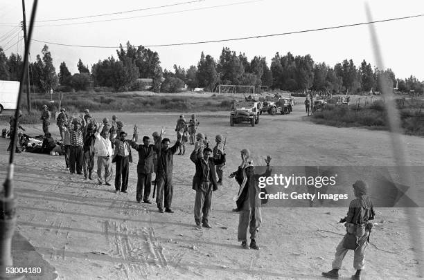 Israeli troops screen captured Egyptian troops and Palestinians at the start of the Six-Day War June 5, 1967 in Rafah, Gaza Strip. Thirty-eight years...