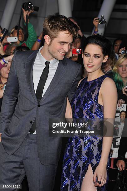 Actor Robert Pattinson and actress Kristen Stewart arrives at the world premiere of "The Twilight Saga: Breaking Dawn Part 1" held at the Nokia...
