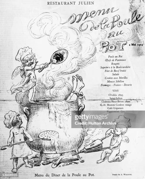 Menu from the Restaurant Julien in Paris, dated 4th May 1900. The drawing by A. Willette, depicts a group of cherubs cooking a person in a large pot.