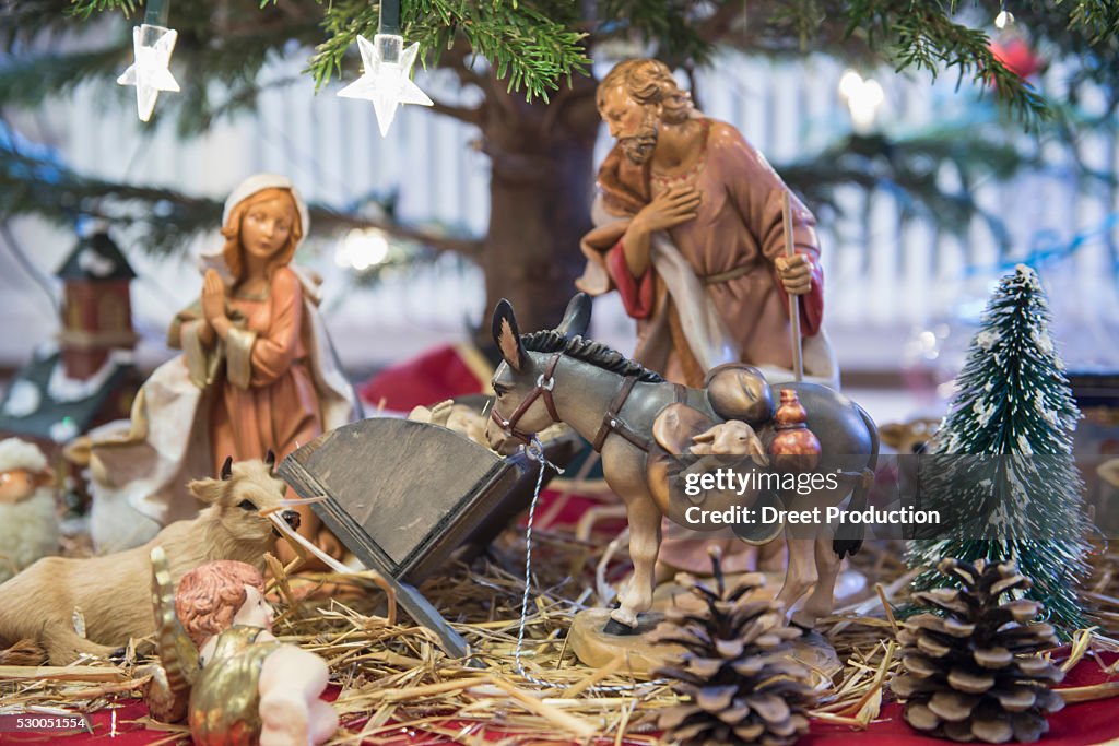 Close up of decorative creche figurines, Bavaria, Germany