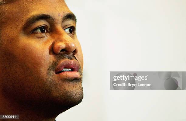 Jonah Lomu talks to the media during a press conference prior to the Martin Johnson's Testimonial match at the Grove Hotel on June 1, 2005 in...