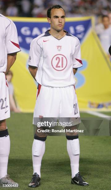 Landon Donovan of USA looks on prior to taking on Guatemala in a 2006 FIFA World Cup qualifying match on March 30, 2005 at Legion Field in...