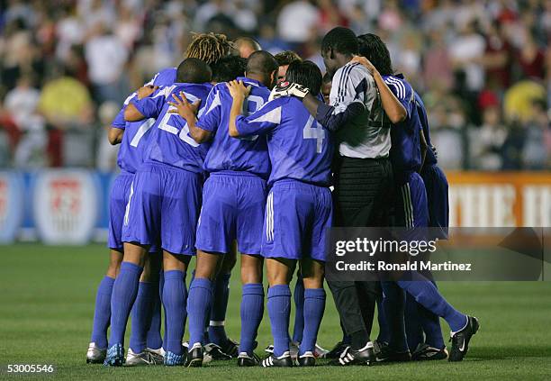 Team Guatemala huddle together prior to taking on the USA in a 2006 FIFA World Cup qualifying match on March 30, 2005 at Legion Field in Birmingham,...