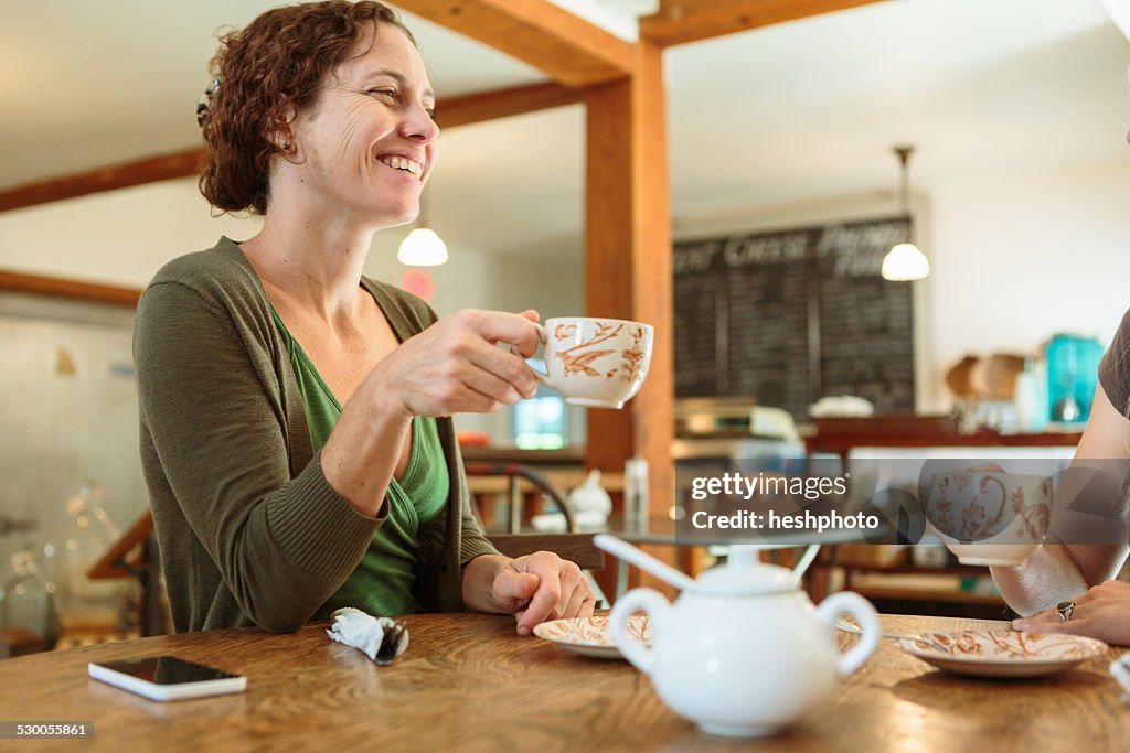 Two mid adult female friends chatting in country store cafe
