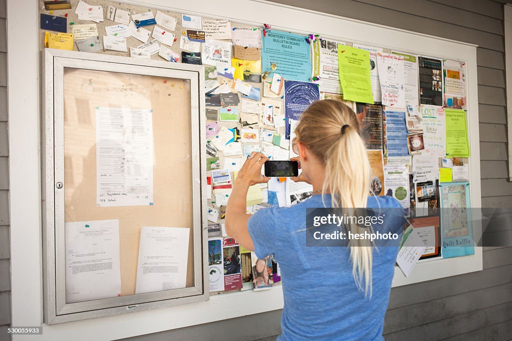 Mid adult woman photographing community notice board with smartphone