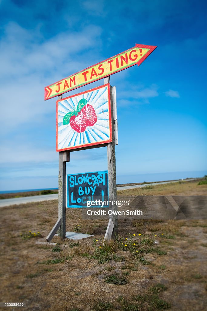 Strawberry jam advertisement on roadside, Big Sur, Davenport, California, USA