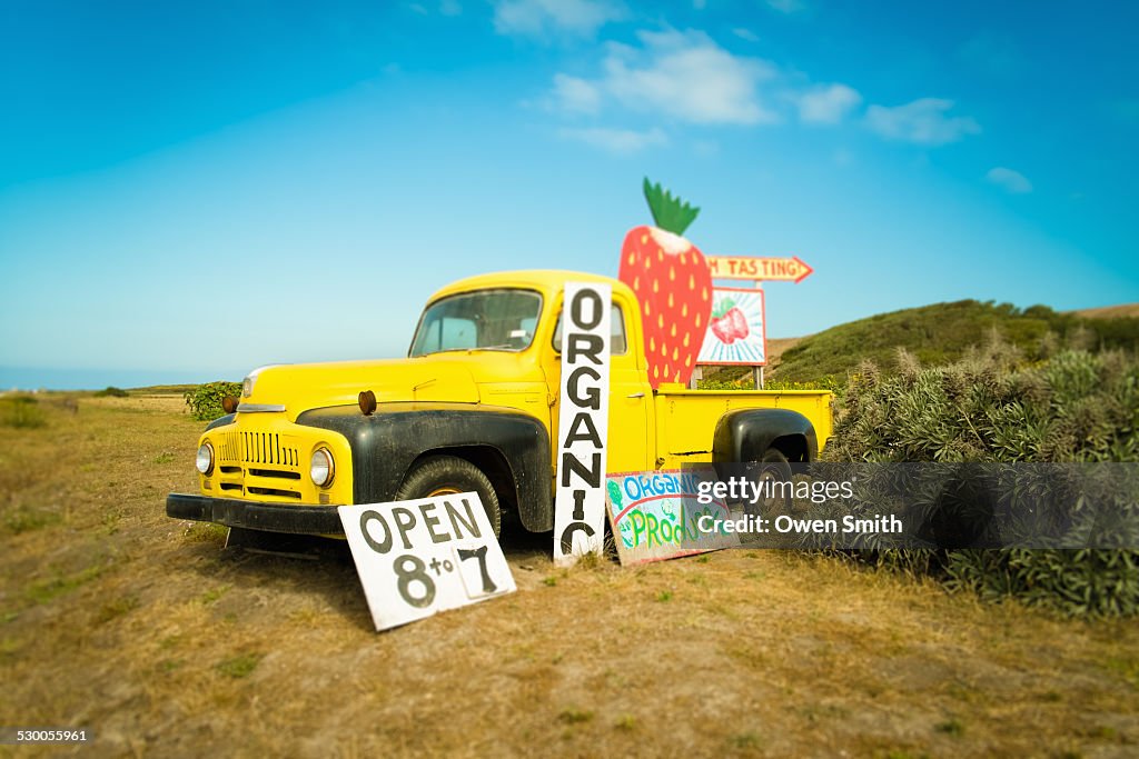 Yellow pickup truck and strawberry jam advertisement on roadside, Big Sur, Davenport, California, USA