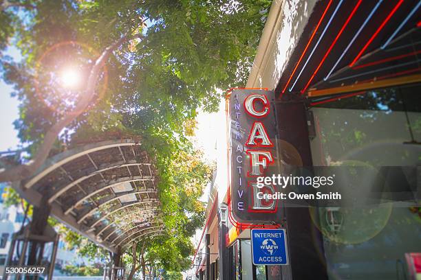 low angle view of internet cafe sign on street, santa monica, los angeles, california, usa - internet cafe stock pictures, royalty-free photos & images