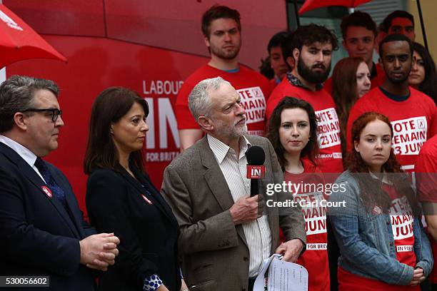 Labour leader, Jeremy Corbyn , speaks as he launches the Labour In for Britain EU campaign battle bus with Gloria De Piero , Shadow Minister for...