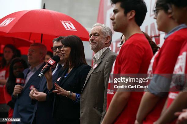 Labour leader, Jeremy Corbyn , listens as he is introduced by Gloria De Piero , Shadow Minister for Young People and Voter Registration during the...