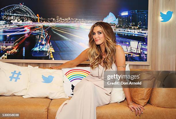 Delta Goodrem poses inside the Blue Room ahead of the Delta Goodrem Fan Party at Twitter HQ on May 10, 2016 in Sydney, Australia.