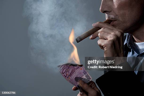 businessman igniting a cigar with bank notes, bavaria, germany - cigar ストックフォトと画像